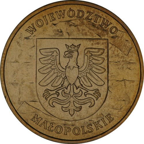 Polska: moneta ze stopu Nordic Gold: 2 zł / 2004 r. -  „Herby Województw": Województwo Małopolskie. Sklep Numizmatyczny, Warszawa ul. Króla Maciusia 12.   www.sklepnumizmatyczny.eu