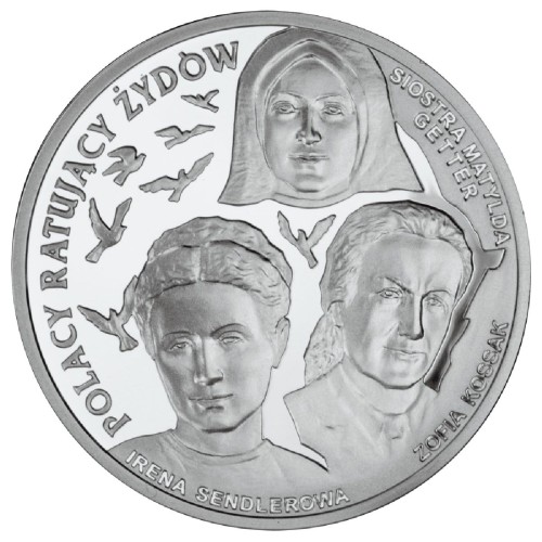 Polska: srebrna moneta kolekcjonerska:  20 zł / 2009 r. - Polacy ratujący Żydów – Irena Sendlerowa, Zofia Kossak, siostra Matylda Getter.     Sklep Numizmatyczny, Warszawa ul. Króla Maciusia 12.    www.sklepnumizmatyczny.eu 