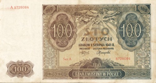 Polska: Banknot 100 zł / 1941 r. X - seria A.   Sklep Numizmatyczny, Warszawa ul. Króla Maciusia 12. www.sklepnumizmatyczny.eu