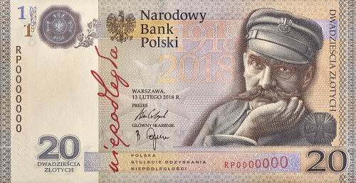 Banknot 20 zł / 2018 r. - "Niepodległość" - 100. rocznica odzyskania przez Polskę niepodległości.  Sklep Numizmatyczny, Warszawa ul. Króla Maciusia 12.  www.sklepnumizmatyczny.eu