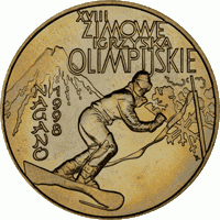 Polska: moneta ze stopu Nordic Gold: 2 zł / 1998r. - XVIII. Zimowe Igrzyska Olimpijskie w Nagano.   Sklep Numizmatyczny, Warszawa ul. Króla Maciusia 12.    www.sklepnumizmatyczny.eu