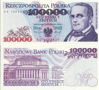 POLSKA Banknot 100.000 zł / 1993 r. - Stanisław Moniuszko. Sklep Numizmatyczny, Warszawa ul. Króla Maciusia 12. www.sklepnumizmatyczny.eu