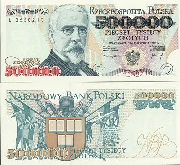 POLSKA Banknot 500.000 zł / 1993 r. - Henryk Sienkiewicz.   Sklep Numizmatyczny, Warszawa ul. Króla Maciusia 12. www.sklepnumizmatyczny.eu 