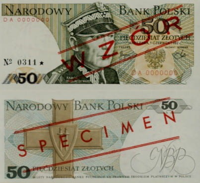 POLSKA: wzór banknotu / specimen 50 zł / 1982 r. XX   Sklep Numizmatyczny, Warszawa ul. Króla Maciusia 12   
www.sklepnumizmatyczny.eu