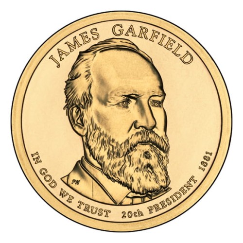 USA: moneta obiegowa z serii:  Prezydenci USA / Dolary Prezydenckie  (nr 20) - 1$ / 2011 r. - James A. Garfield.   Sklep Numizmatyczny, Warszawa ul. Króla Maciusia 12.  www.sklepnumizmatyczny.eu