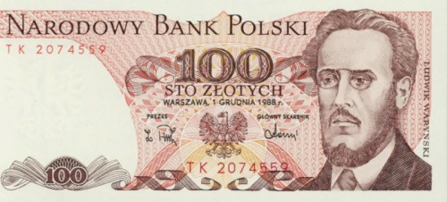 Banknot 100 zł / 1988 rok - Ludwik Waryński. Sklep Numizmatyczny, Warszawa ul. Króla Maciusia 12. www.sklepnumizmatyczny.eu 