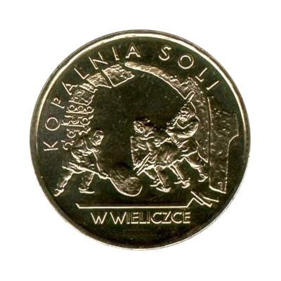 Polska: moneta ze stopu Nordic Gold: 2 zł / 2001 r. - Zabytki kultury materialnej w Polsce: Kopalnia soli w Wieliczce.   Sklep Numizmatyczny, Warszawa ul. Króla Maciusia 12.    www.sklepnumizmatyczny.eu 