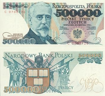 POLSKA Banknot 500.000 zł / 1990 r.  -  Henryk Sienkiewicz. Sklep Numizmatyczny, Warszawa ul. Króla Maciusia 12. www.sklepnumizmatyczny.eu 