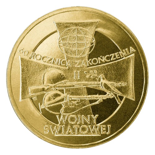 Polska: moneta ze stopu Nordic Gold: 2 zł / 2005 r. - 60. rocznica zakończenia II wojny światowej.        Sklep Numizmatyczny, Warszawa ul. Króla Maciusia 12.               www.sklepnumizmatyczny.eu 