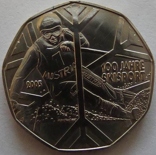 Austria: moneta srebrna 5 Euro / 2005 r.  - 100-lecie sportu narciarskiego. Sklep Numizmatyczny, Warszawa ul. Króla Maciusia 12. www.sklepnumizmatyczny.eu
