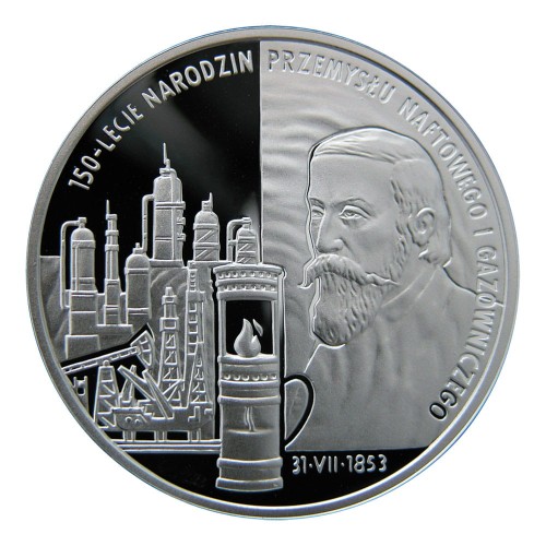 Polska: srebrna moneta kolekcjonerska:  10 zł / 2003 r. - 150-lecie narodzin przemysłu naftowego i gazowniczego.        Sklep Numizmatyczny, Warszawa ul. Króla Maciusia 12.    www.sklepnumizmatyczny.eu 