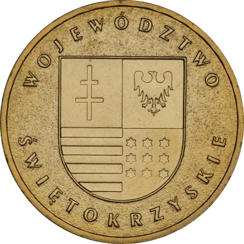 Polska: moneta ze stopu Nordic Gold: 2 zł / 2005 r. -  „Herby Województw": Województwo Świętokrzyskie. Sklep Numizmatyczny, Warszawa ul. Króla Maciusia 12.   www.sklepnumizmatyczny.eu