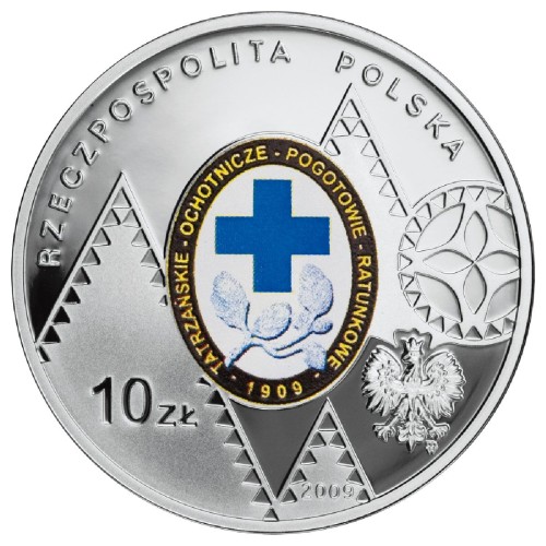 Polska: srebrna moneta kolekcjonerska:  10 zł / 2009 r. - 100. rocznica powstania TOPR.        Sklep Numizmatyczny,  Warszawa ul. Króla Maciusia 12.    www.sklepnumizmatyczny.eu 