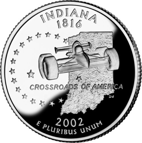 USA: moneta obiegowa z serii:  Ćwierćdolarówki Stanowe / Quarter  - 25 centów / 2002 r. - Indiana (nr 19).   Sklep Numizmatyczny, Warszawa ul. Króla Maciusia 12.  www.sklepnumizmatyczny.eu