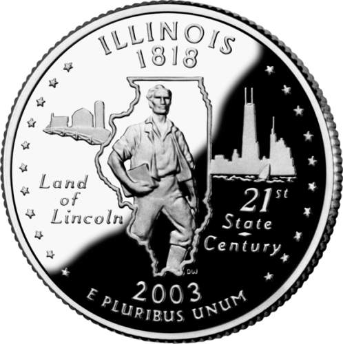 USA: moneta obiegowa z serii:  Ćwierćdolarówki Stanowe / Quarter  - 25 centów / 2003 r. - Illinois (nr 21).   Sklep Numizmatyczny, Warszawa ul. Króla Maciusia 12.  www.sklepnumizmatyczny.eu