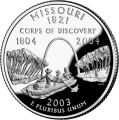 USA: moneta obiegowa z serii:  Ćwierćdolarówki Stanowe / Quarter  - 25 centów / 2003 r. - Missouri (nr 24).   Sklep Numizmatyczny, Warszawa ul. Króla Maciusia 12.  www.sklepnumizmatyczny.eu