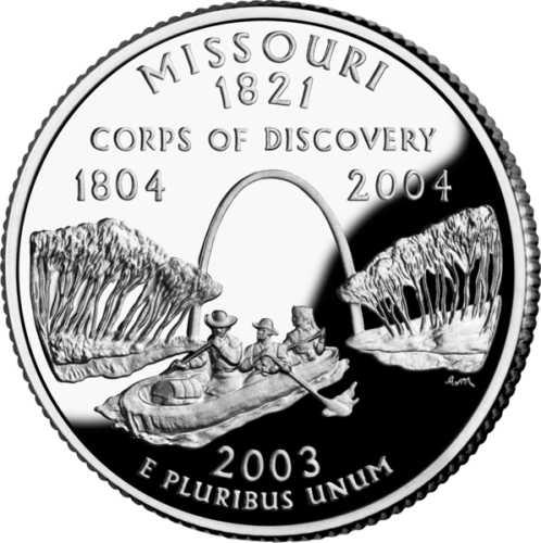 USA: moneta obiegowa z serii:  Ćwierćdolarówki Stanowe / Quarter  - 25 centów / 2003 r. - Missouri (nr 24).   Sklep Numizmatyczny, Warszawa ul. Króla Maciusia 12.  www.sklepnumizmatyczny.eu