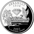 USA: moneta obiegowa z serii:  Ćwierćdolarówki Stanowe / Quarter  - 25 centów / 2003 r. - Arkansas (nr 25).   Sklep Numizmatyczny, Warszawa ul. Króla Maciusia 12.  www.sklepnumizmatyczny.eu