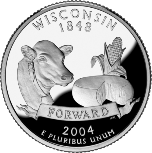 USA: moneta obiegowa z serii:  Ćwierćdolarówki Stanowe / Quarter  - 25 centów / 2004 r. - Wisconsin (nr 30).   Sklep Numizmatyczny, Warszawa ul. Króla Maciusia 12.  www.sklepnumizmatyczny.eu