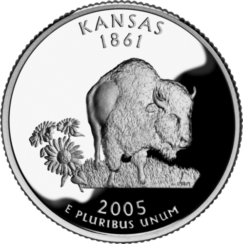 USA: moneta obiegowa z serii:  Ćwierćdolarówki Stanowe / Quarter  - 25 centów / 2005 r. - Kansas (nr 34).   Sklep Numizmatyczny, Warszawa ul. Króla Maciusia 12.  www.sklepnumizmatyczny.eu