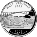 USA: moneta obiegowa z serii:  Ćwierćdolarówki Stanowe / Quarter  - 25 centów / 2005 r. - Wirginia Zachodnia (nr 35).   Sklep Numizmatyczny, Warszawa ul. Króla Maciusia 12.  www.sklepnumizmatyczny.eu