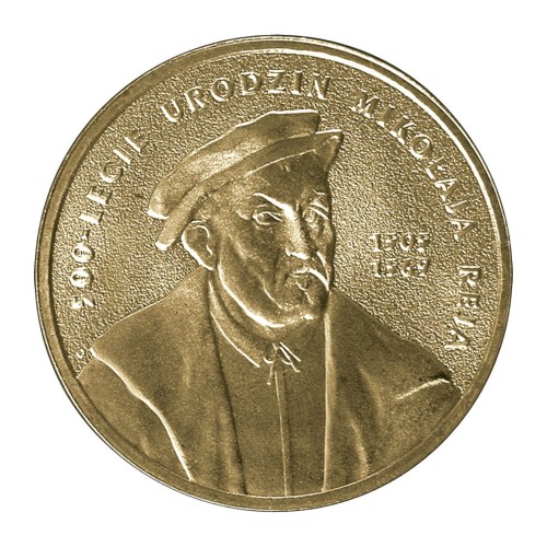 Polska: moneta ze stopu Nordic Gold: 2 zł / 2005 r. - Mikołaj Rej (1505-1569) – 500. rocznica urodzin.        Sklep Numizmatyczny, Warszawa ul. Króla Maciusia 12.               www.sklepnumizmatyczny.eu 
