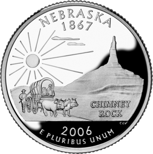 USA: moneta obiegowa z serii:  Ćwierćdolarówki Stanowe / Quarter  - 25 centów / 2006 r. - Nebraska (nr 37).   Sklep Numizmatyczny, Warszawa ul. Króla Maciusia 12.  www.sklepnumizmatyczny.eu