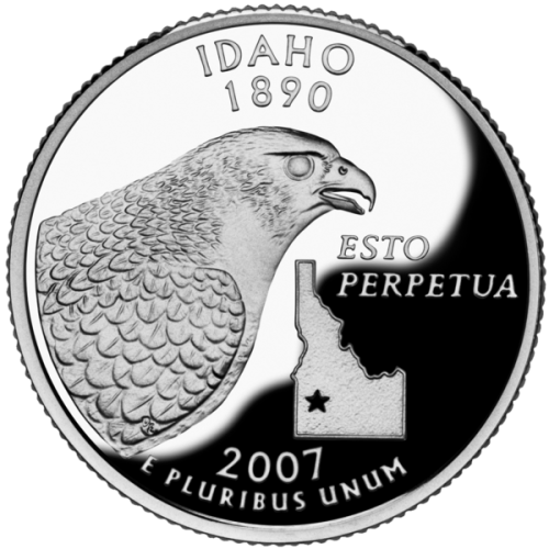USA: moneta obiegowa z serii:  Ćwierćdolarówki Stanowe / Quarter  - 25 centów / 2007 r. - Idaho.   Sklep Numizmatyczny, Warszawa ul. Króla Maciusia 12.  www.sklepnumizmatyczny.eu