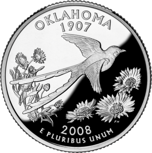USA: moneta obiegowa z serii:  Ćwierćdolarówki Stanowe / Quarter  - 25 centów / 2008 r. - Oklahoma. Sklep Numizmatyczny, Warszawa ul. Króla Maciusia 12.  www.sklepnumizmatyczny.eu