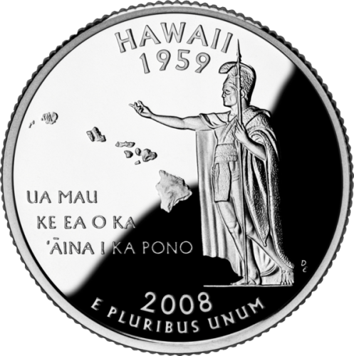 USA: moneta obiegowa z serii:  Ćwierćdolarówki Stanowe / Quarter  - 25 centów / 2008 r. - Hawaje.   Sklep Numizmatyczny, Warszawa ul. Króla Maciusia 12.  www.sklepnumizmatyczny.eu