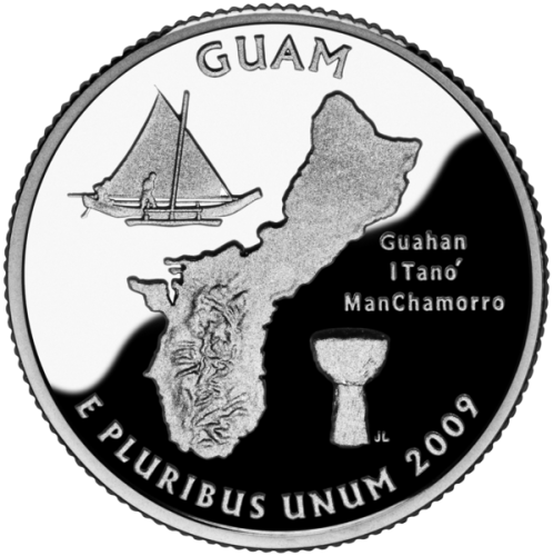 USA: moneta obiegowa z serii:  Ćwierćdolarówki Stanowe / Quarter  - 25 centów / 2009 r. - Guam.   Sklep Numizmatyczny, Warszawa ul. Króla Maciusia 12.  www.sklepnumizmatyczny.eu