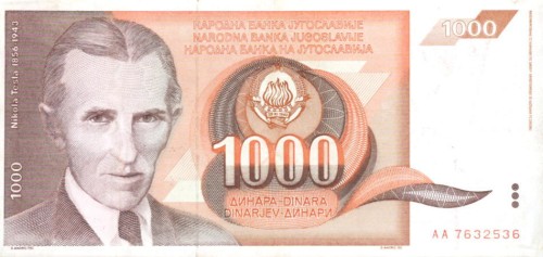 JUGOSŁAWIA: Banknot 1000 Dinarów / 1990 r. - Nikola Tesla.  Sklep Numizmatyczny, Warszawa ul. Króla Maciusia 12.   www.sklepnumizmatyczny.eu