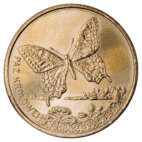 Polska: moneta ze stopu Nordic Gold: 2 zł / 2001 r. - Zwierzęta świata: Paź Królowej (łac. Papilio machano).   Sklep Numizmatyczny, Warszawa ul. Króla Maciusia 12.    www.sklepnumizmatyczny.eu 
