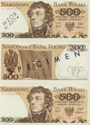 POLSKA: wzór banknotu / specimen 500 zł / 1974 r. z BŁĘDEM.  Sklep Numizmatyczny, Warszawa ul. Króla Maciusia 12.   
www.sklepnumizmatyczny.eu