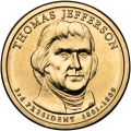 USA: moneta obiegowa z serii:  Prezydenci USA / Dolary Prezydenckie  (nr 3) - 1$ / 2007 r. - Thomas Jefferson.   Sklep Numizmatyczny, Warszawa ul. Króla Maciusia 12.  www.sklepnumizmatyczny.eu