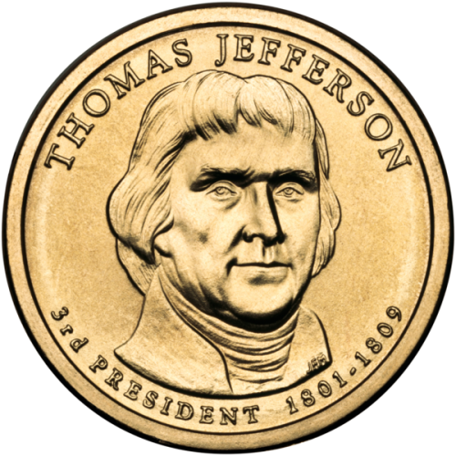USA: moneta obiegowa z serii:  Prezydenci USA / Dolary Prezydenckie  (nr 3) - 1$ / 2007 r. - Thomas Jefferson.   Sklep Numizmatyczny, Warszawa ul. Króla Maciusia 12.  www.sklepnumizmatyczny.eu