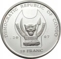 Demokratyczna Republika Konga: moneta kolekcjonerska z serii "Zagrożone zwierzęta": 10 franków / 2007 - Żyrafa.   Sklep Numizmatyczny, Warszawa ul. Króla Maciusia 12.   www.sklepnumizmatyczny.eu