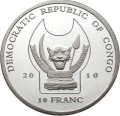 Demokratyczna Republika Konga: moneta kolekcjonerska z serii "Zagrożone zwierzęta": 10 franków / 2010 - Okapi.   Sklep Numizmatyczny, Warszawa ul. Króla Maciusia 12.   www.sklepnumizmatyczny.eu