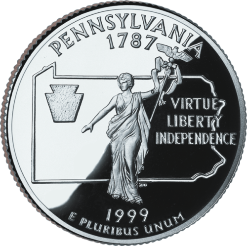 USA: moneta obiegowa z serii:  Ćwierćdolarówki Stanowe / Quarter  - 25 centów / 1999 r. - Pensylwania (nr 2).   Sklep Numizmatyczny, Warszawa ul. Króla Maciusia 12.  www.sklepnumizmatyczny.eu
