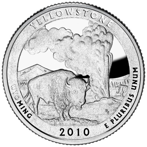 USA: moneta obiegowa z serii ćwierćdolarówek:  Parki Narodowe / Quarter - 25 centów / 2010 r. - Park Narodowy: Yellowstone.   Sklep Numizmatyczny, Warszawa ul. Króla Maciusia 12.  www.sklepnumizmatyczny.eu