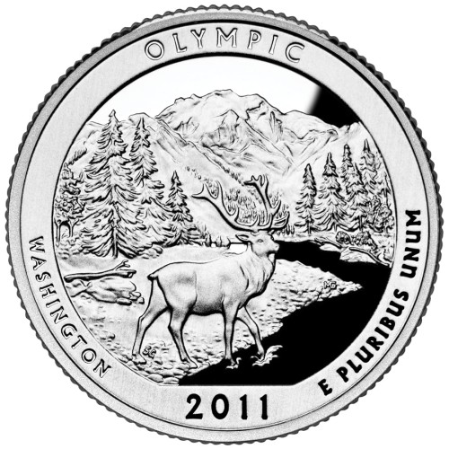 USA: moneta obiegowa z serii ćwierćdolarówek:  Parki Narodowe / Quarter - 25 centów / 2011 r. - Park Narodowy Olympic.  Sklep Numizmatyczny, Warszawa ul. Króla Maciusia 12.  www.sklepnumizmatyczny.eu