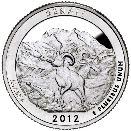 USA: moneta obiegowa z serii ćwierćdolarówek:  Parki Narodowe / Quarter - 25 centów / 2012 r. - Park Narodowy Denali.  Sklep Numizmatyczny, Warszawa ul. Króla Maciusia 12.  www.sklepnumizmatyczny.eu