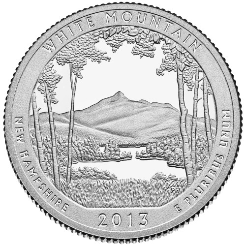USA: moneta obiegowa z serii ćwierćdolarówek:  Parki Narodowe / Quarter - 25 centów / 2013 r. - White Mountain National Forest.  Sklep Numizmatyczny, Warszawa ul. Króla Maciusia 12.  www.sklepnumizmatyczny.eu