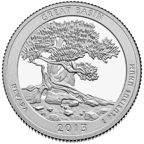 USA: moneta obiegowa z serii ćwierćdolarówek:  Parki Narodowe / Quarter - 25 centów / 2013 r. - Park Narodowy Wielkiej Kotliny.  Sklep Numizmatyczny, Warszawa ul. Króla Maciusia 12.  www.sklepnumizmatyczny.eu