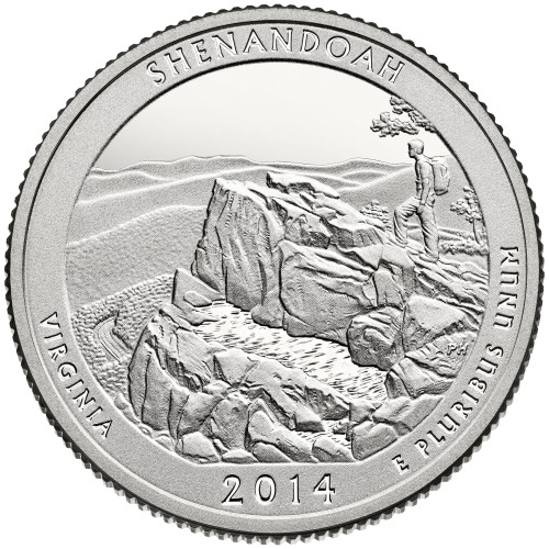 USA: moneta obiegowa z serii ćwierćdolarówek:  Parki Narodowe / Quarter - 25 centów / 2014 r. - Park Narodowy Shenandoah.  Sklep Numizmatyczny, Warszawa ul. Króla Maciusia 12.  www.sklepnumizmatyczny.eu