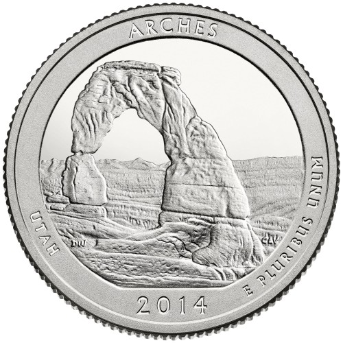 USA: moneta obiegowa z serii ćwierćdolarówek:  Parki Narodowe / Quarter - 25 centów / 2014 r. - Park Narodowy Arches.  Sklep Numizmatyczny, Warszawa ul. Króla Maciusia 12.  www.sklepnumizmatyczny.eu
