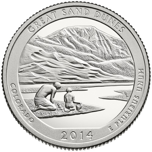 USA: moneta obiegowa z serii ćwierćdolarówek:  Parki Narodowe / Quarter - 25 centów / 2014 r. - Park Narodowy Great Sand Dunes.  Sklep Numizmatyczny, Warszawa ul. Króla Maciusia 12.  www.sklepnumizmatyczny.eu