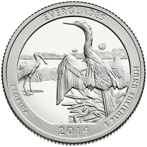 USA: moneta obiegowa z serii ćwierćdolarówek:  Parki Narodowe / Quarter - 25 centów / 2014 r. - Park Narodowy Everglades.  Sklep Numizmatyczny, Warszawa ul. Króla Maciusia 12.  www.sklepnumizmatyczny.eu