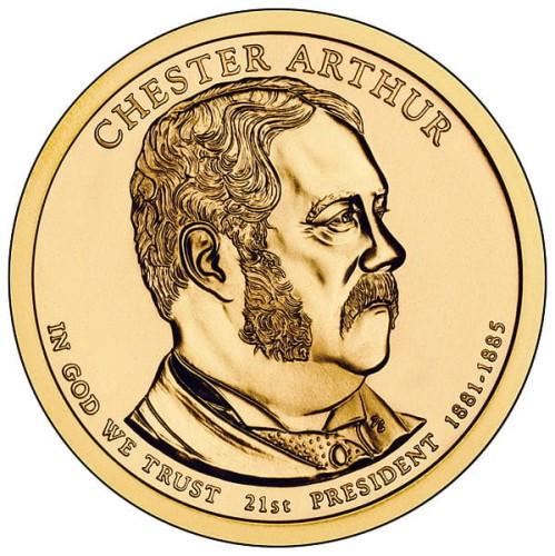 USA: moneta obiegowa z serii:  Prezydenci USA / Dolary Prezydenckie  (nr 21) - 1$ / 2012 r. - Chester A. Arthur.   Sklep Numizmatyczny, Warszawa ul. Króla Maciusia 12.  www.sklepnumizmatyczny.eu