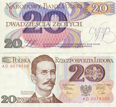 Banknot 20 zł / 1982 rok - Romuald Traugutt. Sklep Numizmatyczny, Warszawa ul. Króla Maciusia 12. www.sklepnumizmatyczny.eu 